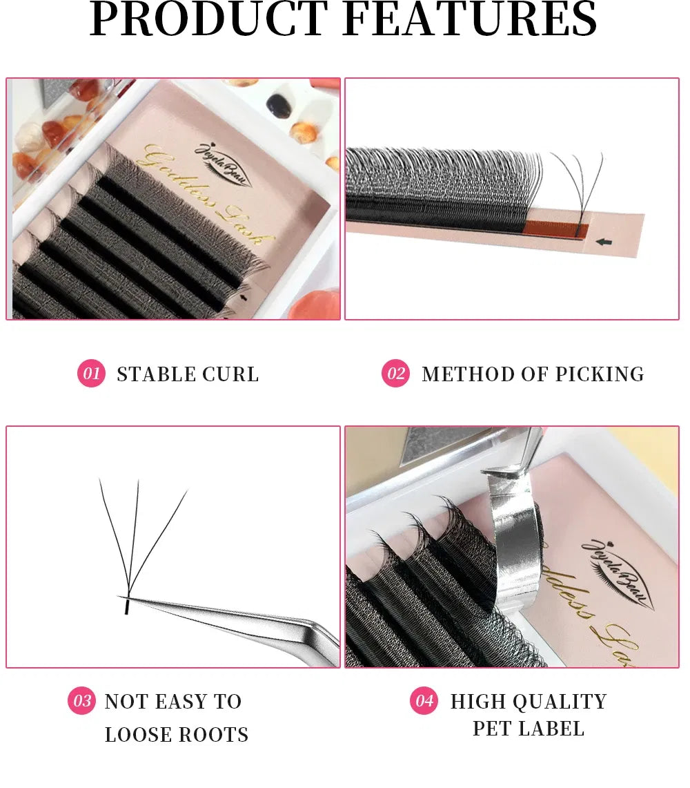 Goddess 4D W-Shape Premade Fan Lashes – D Curl, 0.07mm, 14mm, Soft Natural Extensions