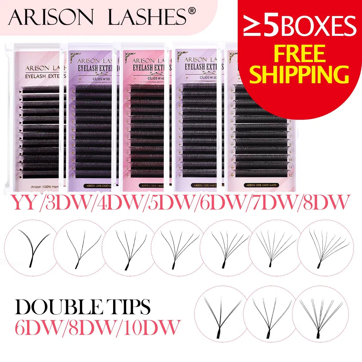 Color: BLACK & RED, Curl: C, Thickness: 0.07mm, Length: 12mm - ARISON YY Lashes and 3D/4D/5D W Shape Lashes Brasileiro Premade Volume Eyelashes Extension Soft Thin Easily Grafting Extension