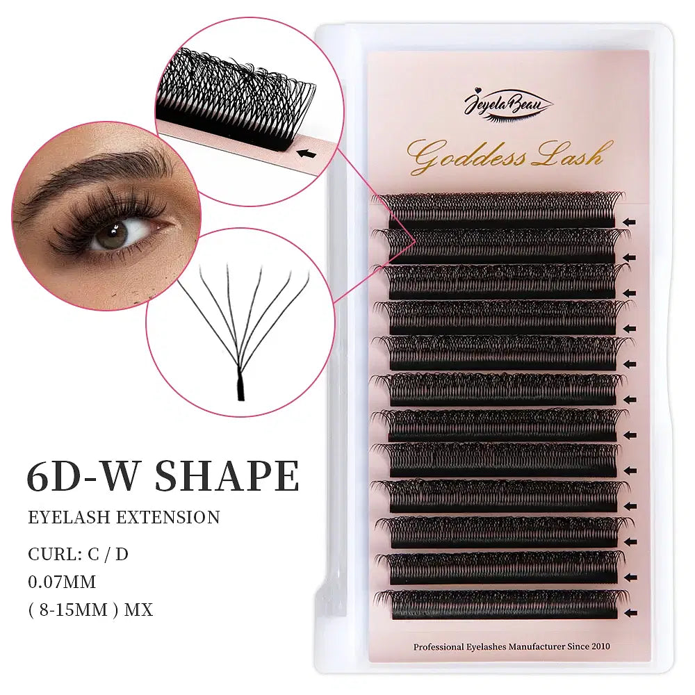 Goddess 4D W-Shape Premade Fan Lashes – D Curl, 0.07mm, 14mm, Soft Natural Extensions