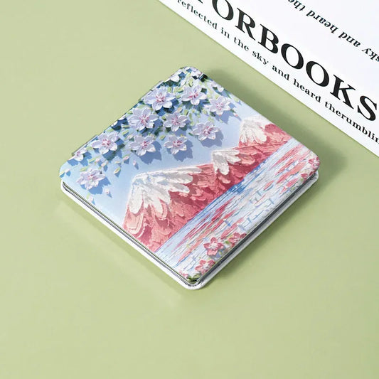 Color: PURPLE - Oil Painting Makeup Mirror 2X Magnifying Cosmetic Mirror Portable Women Folding Double-Sided Small Mirror Beauty Tools