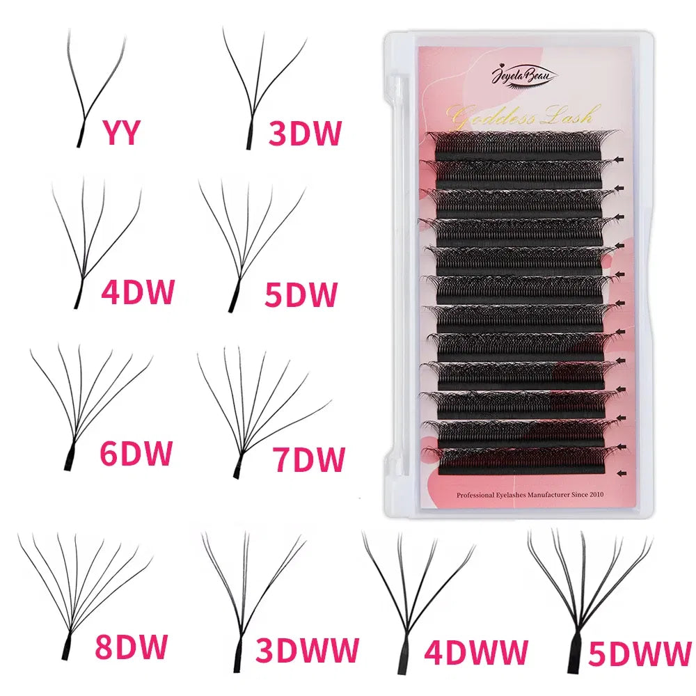 Goddess 4D W-Shape Premade Fan Lashes – D Curl, 0.07mm, 14mm, Soft Natural Extensions